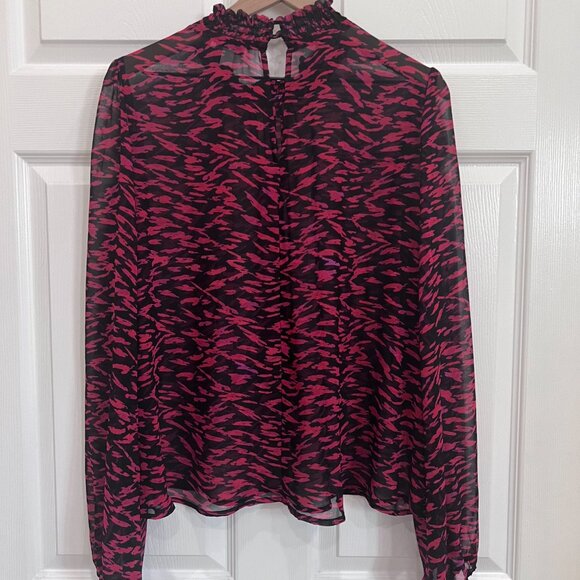 Allison Joy For Evereve XL Red Black Ruffle Blouse Long Sleeve Sheer Top - Picture 7 of 9